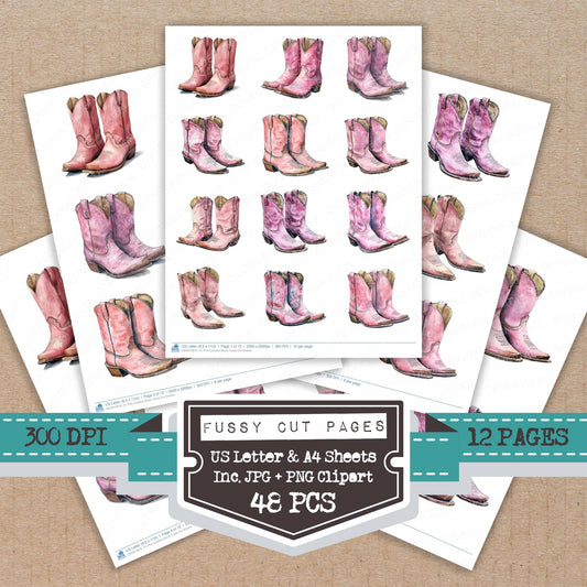 Pink Cowboy Boots fussy cut printable sheets for junk journaling, scrapbooking, and paper craft projects