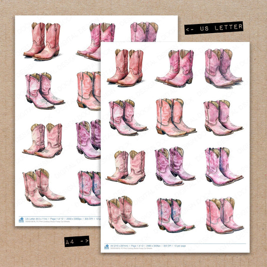 A4 and US Letter format comparison showing Pink Cowboy Boots fussy cut pages for print and cut crafting