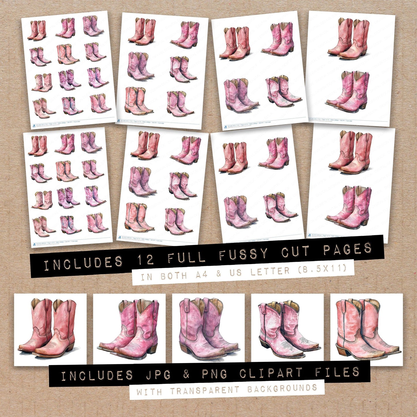 Full collection view of Pink Cowboy Boots fussy cut sheets with bonus clipart JPG and PNG files