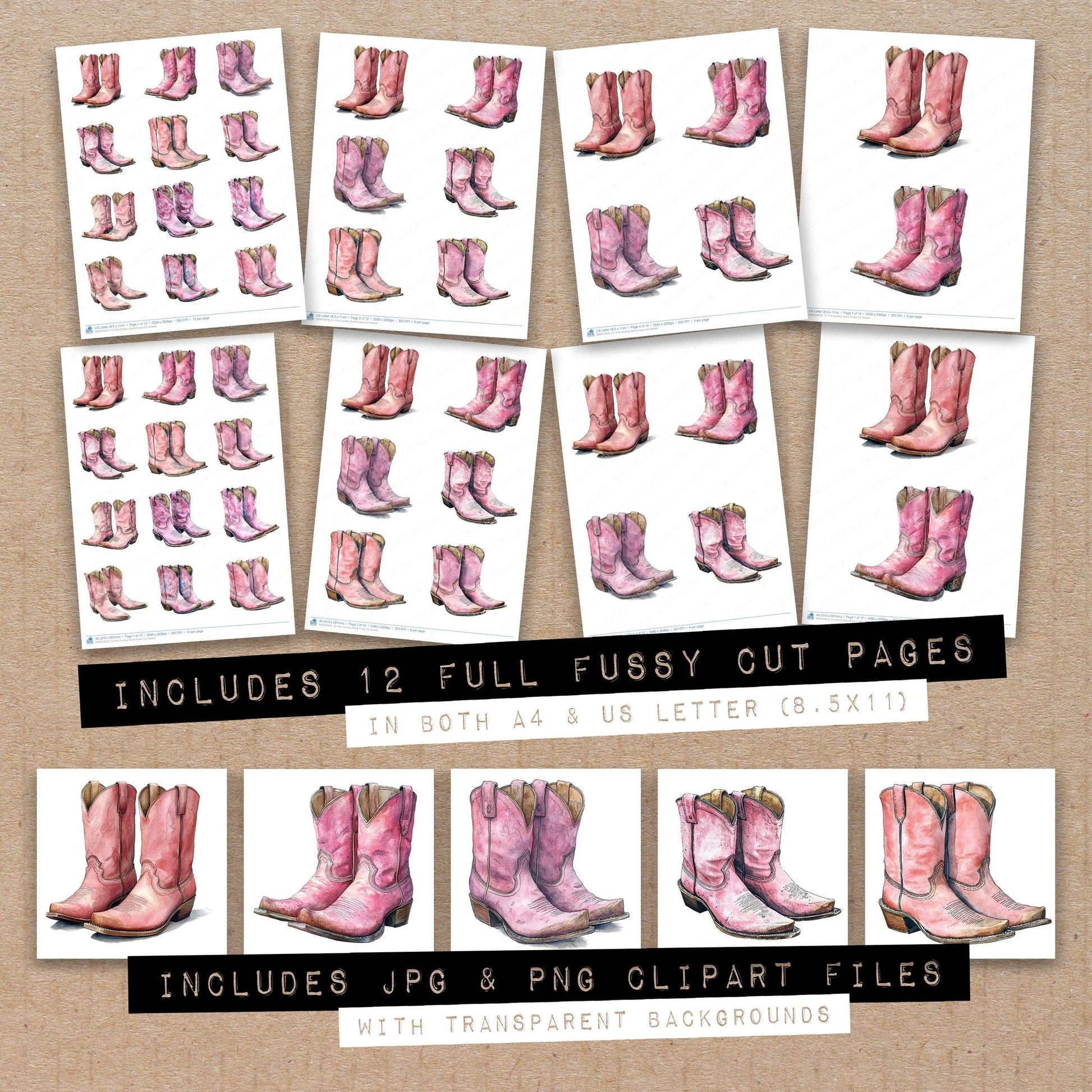 Full collection view of Pink Cowboy Boots fussy cut sheets with bonus clipart JPG and PNG files