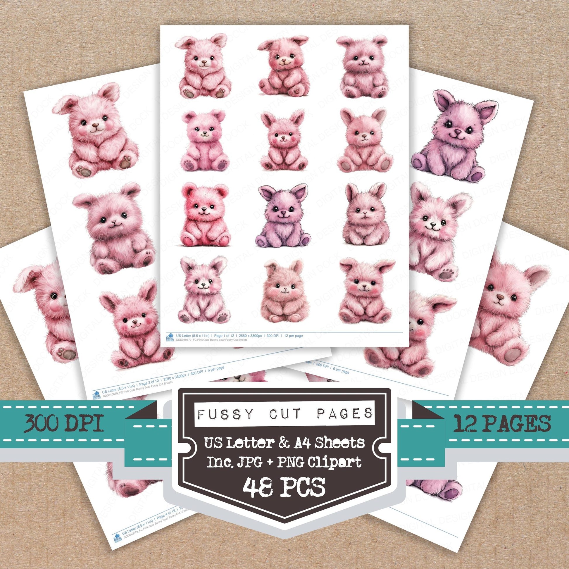 Pink Cute Bunny Bear fussy cut printable sheets for junk journaling, scrapbooking, and paper craft projects