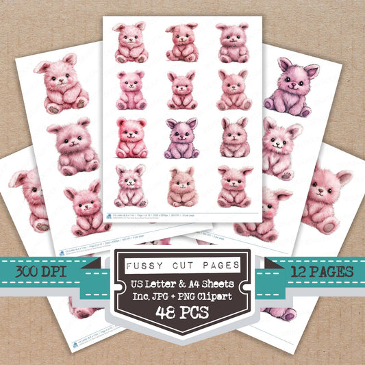 Pink Cute Bunny Bear fussy cut printable sheets for junk journaling, scrapbooking, and paper craft projects