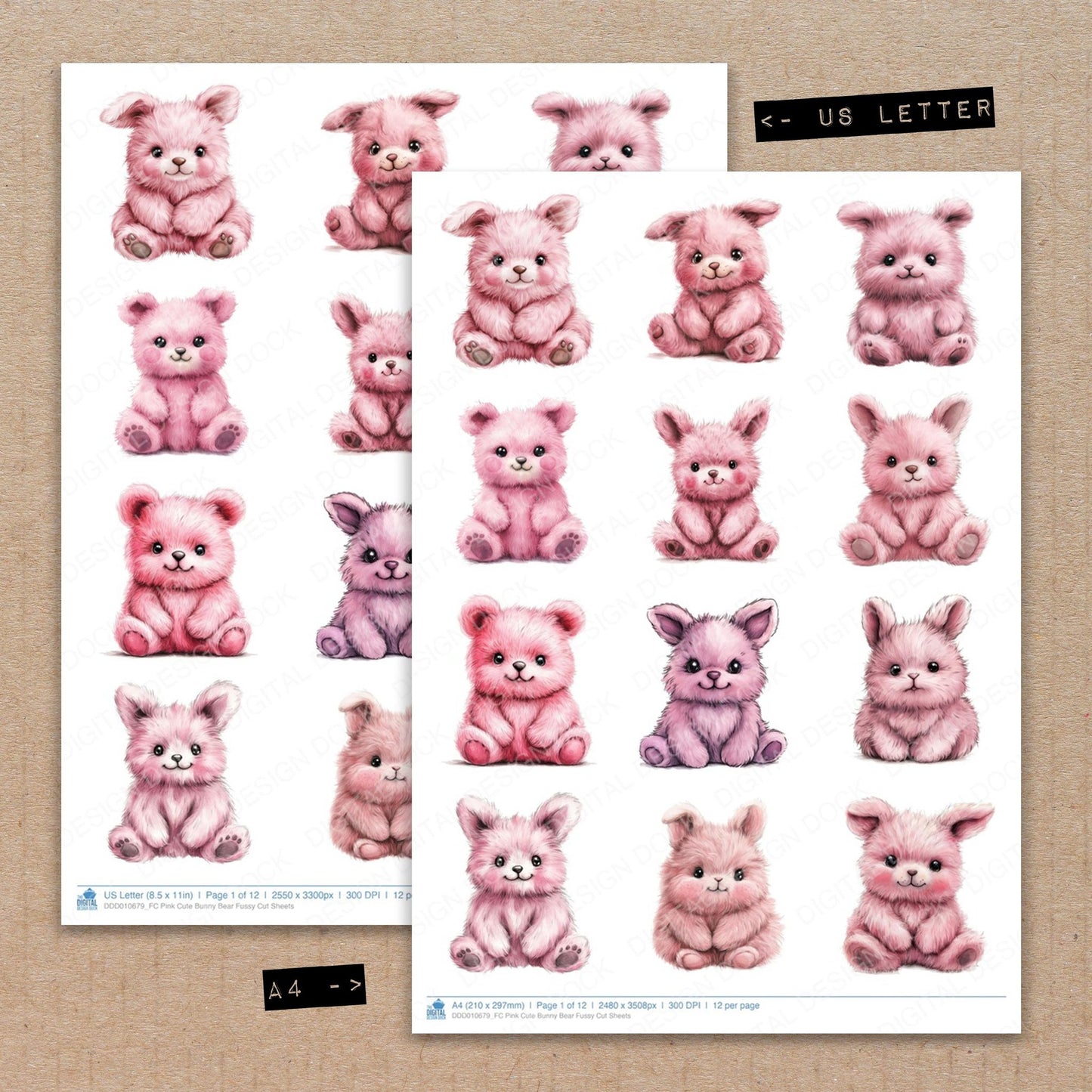 A4 and US Letter format comparison showing Pink Cute Bunny Bear fussy cut pages for print and cut crafting