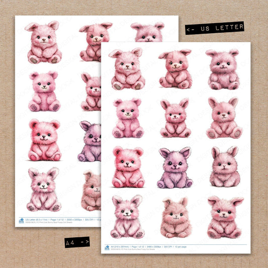 A4 and US Letter format comparison showing Pink Cute Bunny Bear fussy cut pages for print and cut crafting