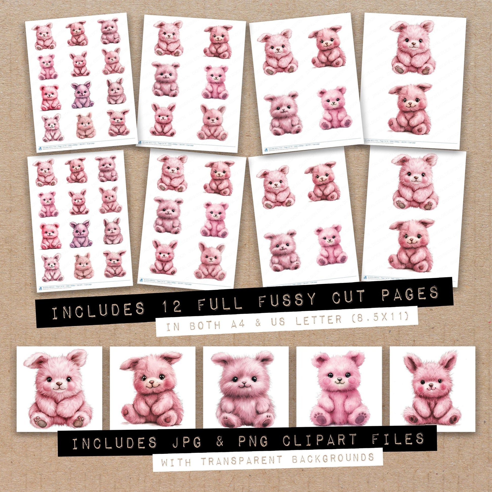 Full collection view of Pink Cute Bunny Bear fussy cut sheets with bonus clipart JPG and PNG files