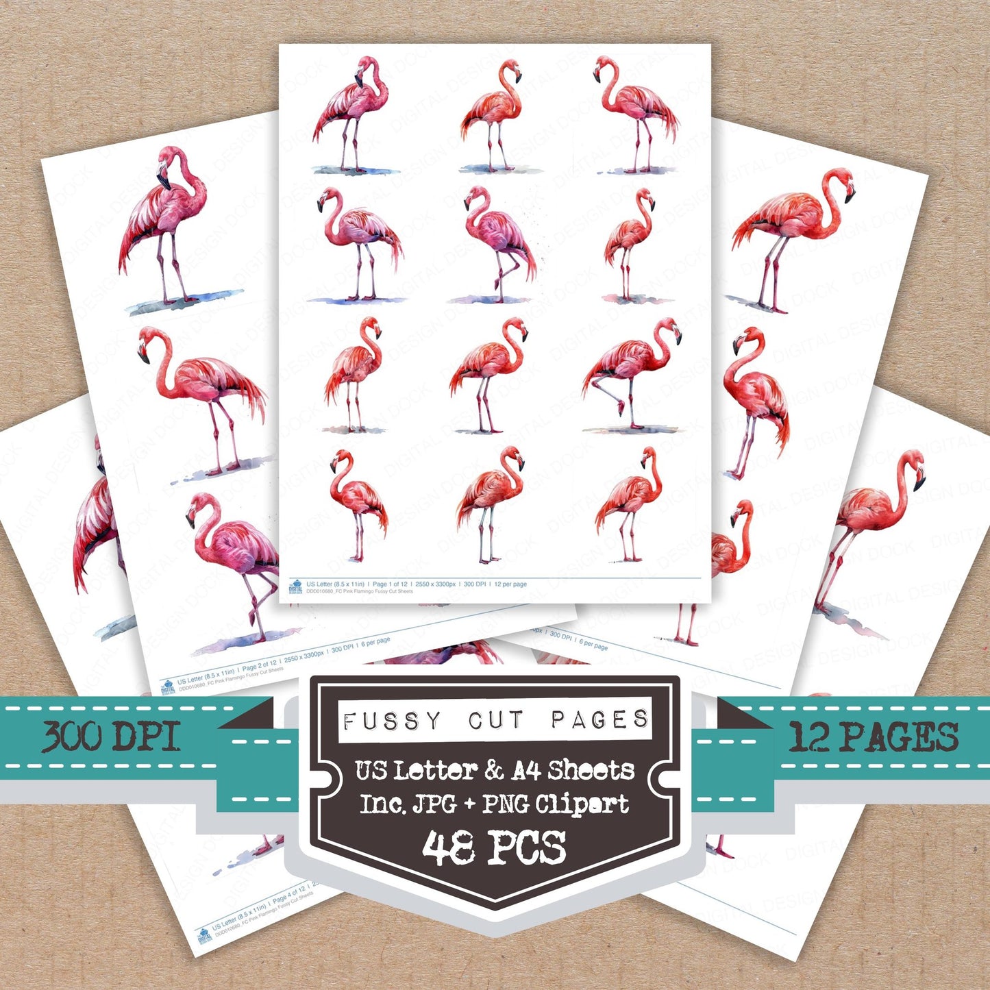 Pink Flamingo fussy cut printable sheets for junk journaling, scrapbooking, and paper craft projects