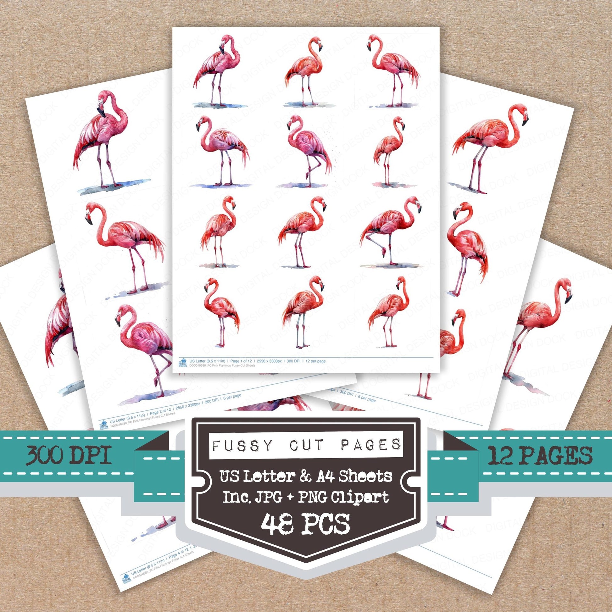 Pink Flamingo fussy cut printable sheets for junk journaling, scrapbooking, and paper craft projects