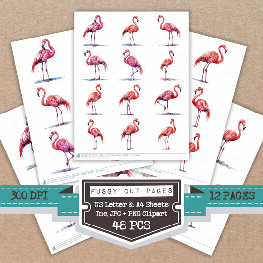 Pink Flamingo fussy cut printable sheets for junk journaling, scrapbooking, and paper craft projects