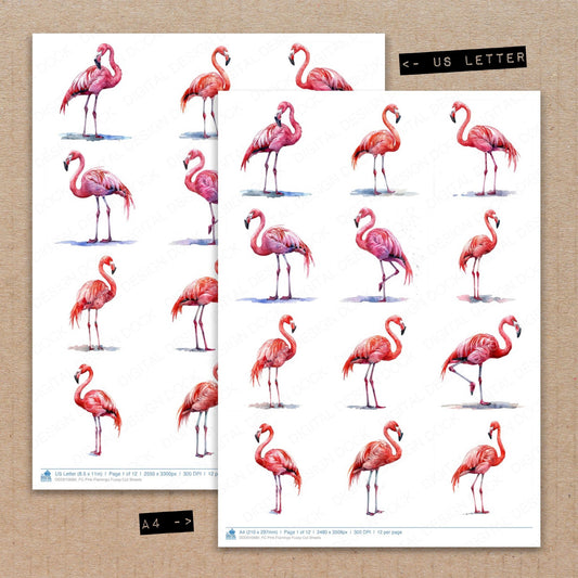 A4 and US Letter format comparison showing Pink Flamingo fussy cut pages for print and cut crafting