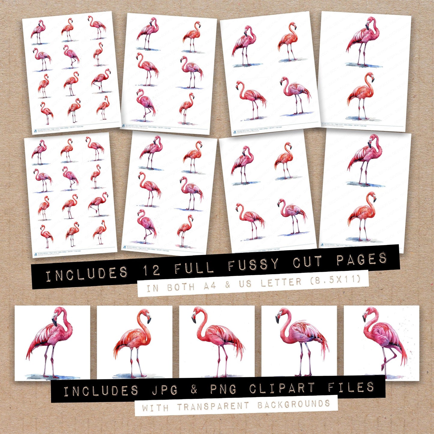 Full collection view of Pink Flamingo fussy cut sheets with bonus clipart JPG and PNG files