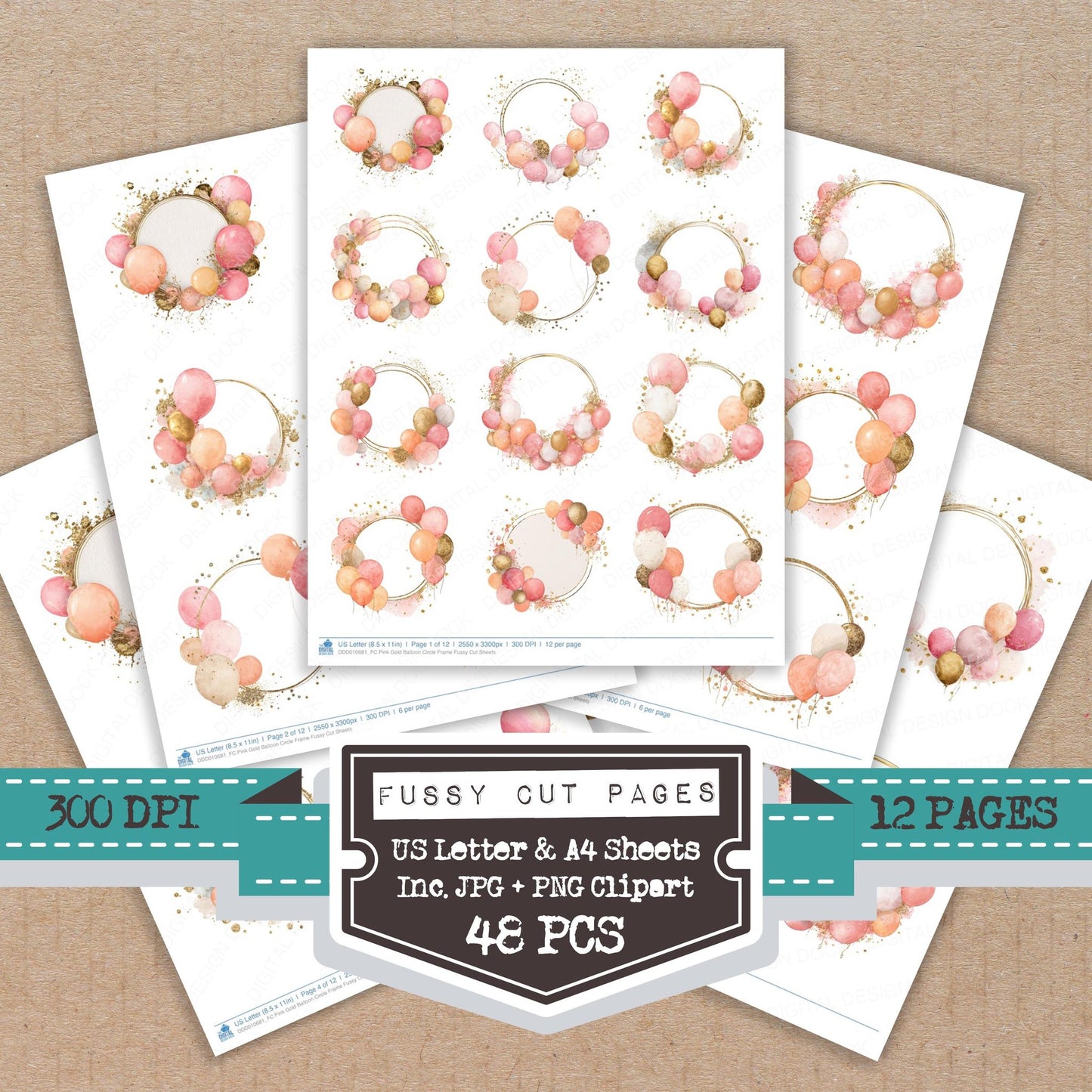 Pink Gold Balloon Circle Frame fussy cut printable sheets for junk journaling, scrapbooking, and paper craft projects