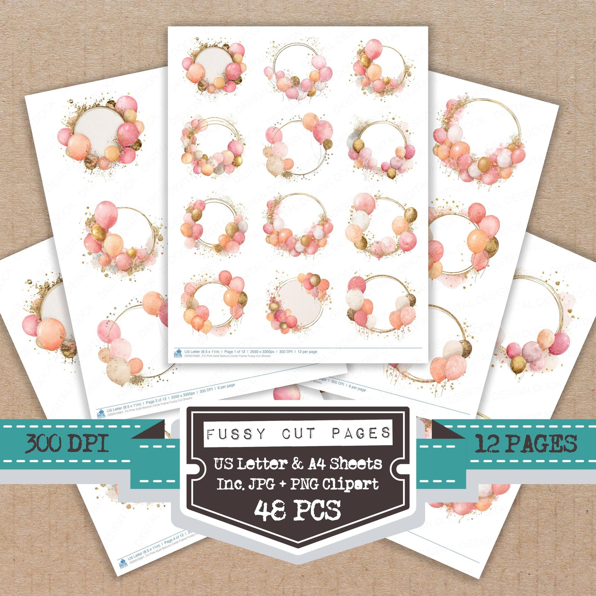 Pink Gold Balloon Circle Frame fussy cut printable sheets for junk journaling, scrapbooking, and paper craft projects