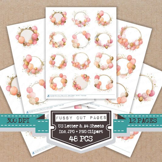 Pink Gold Balloon Circle Frame fussy cut printable sheets for junk journaling, scrapbooking, and paper craft projects