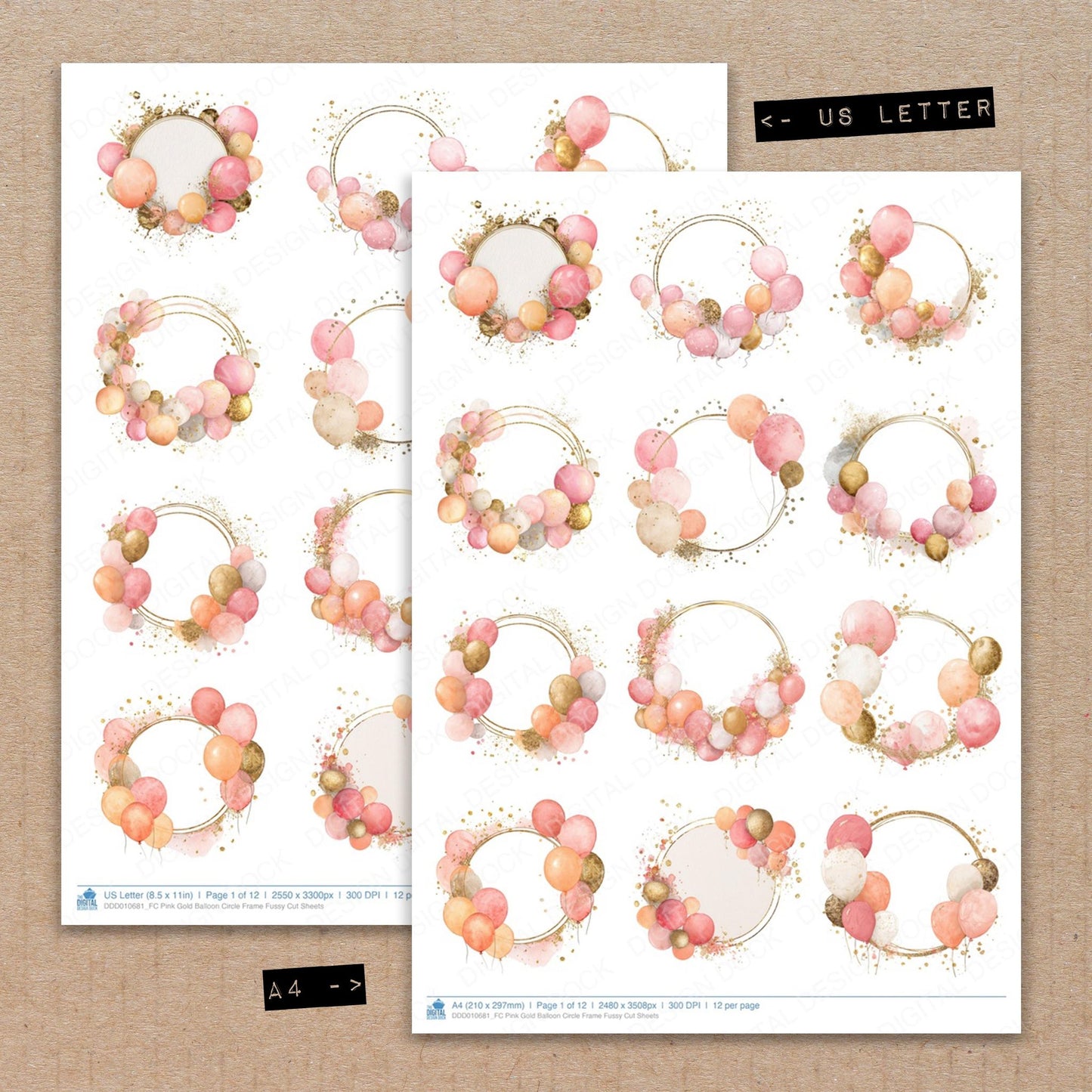 A4 and US Letter format comparison showing Pink Gold Balloon Circle Frame fussy cut pages for print and cut crafting