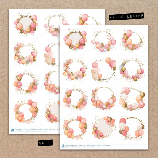 A4 and US Letter format comparison showing Pink Gold Balloon Circle Frame fussy cut pages for print and cut crafting