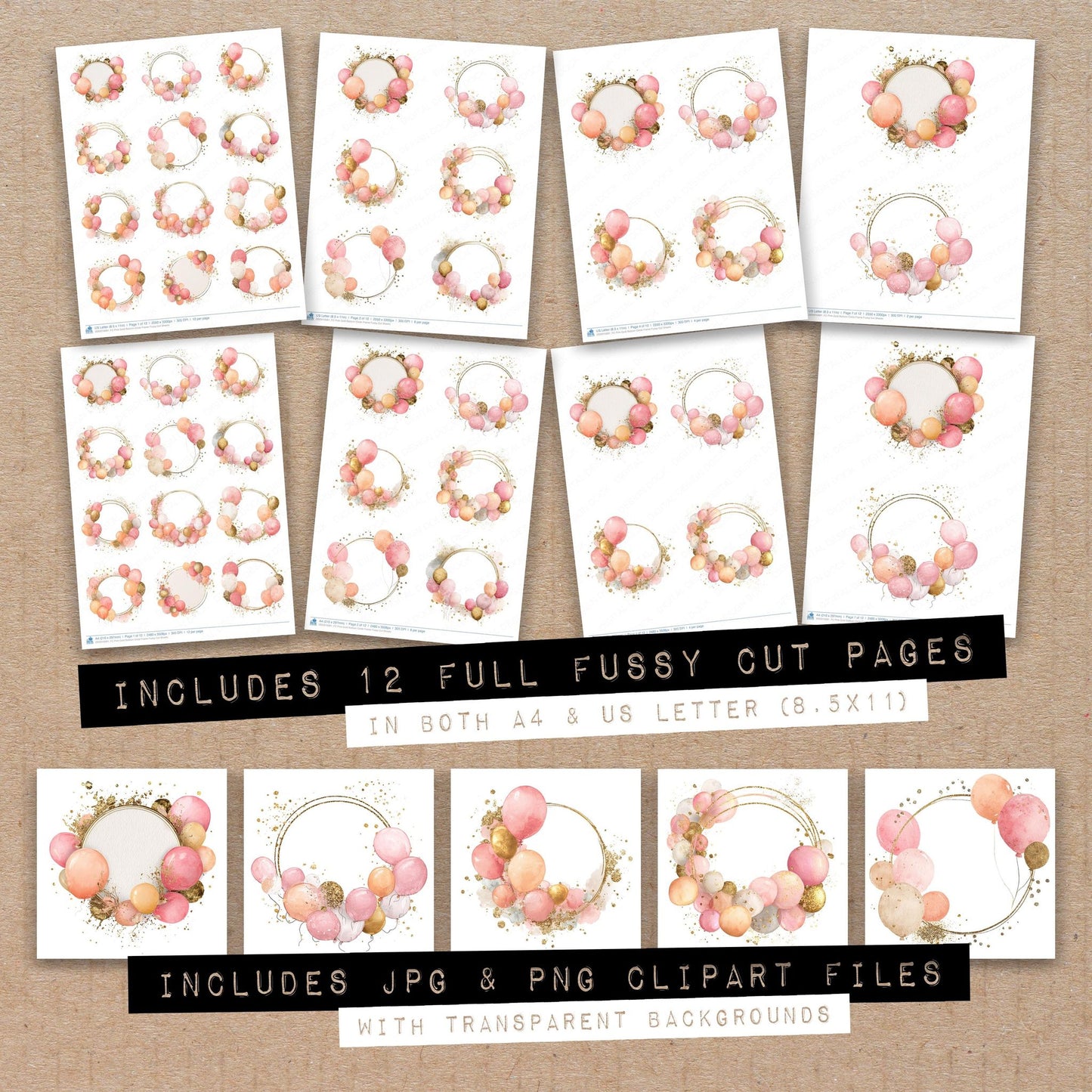 Full collection view of Pink Gold Balloon Circle Frame fussy cut sheets with bonus clipart JPG and PNG files