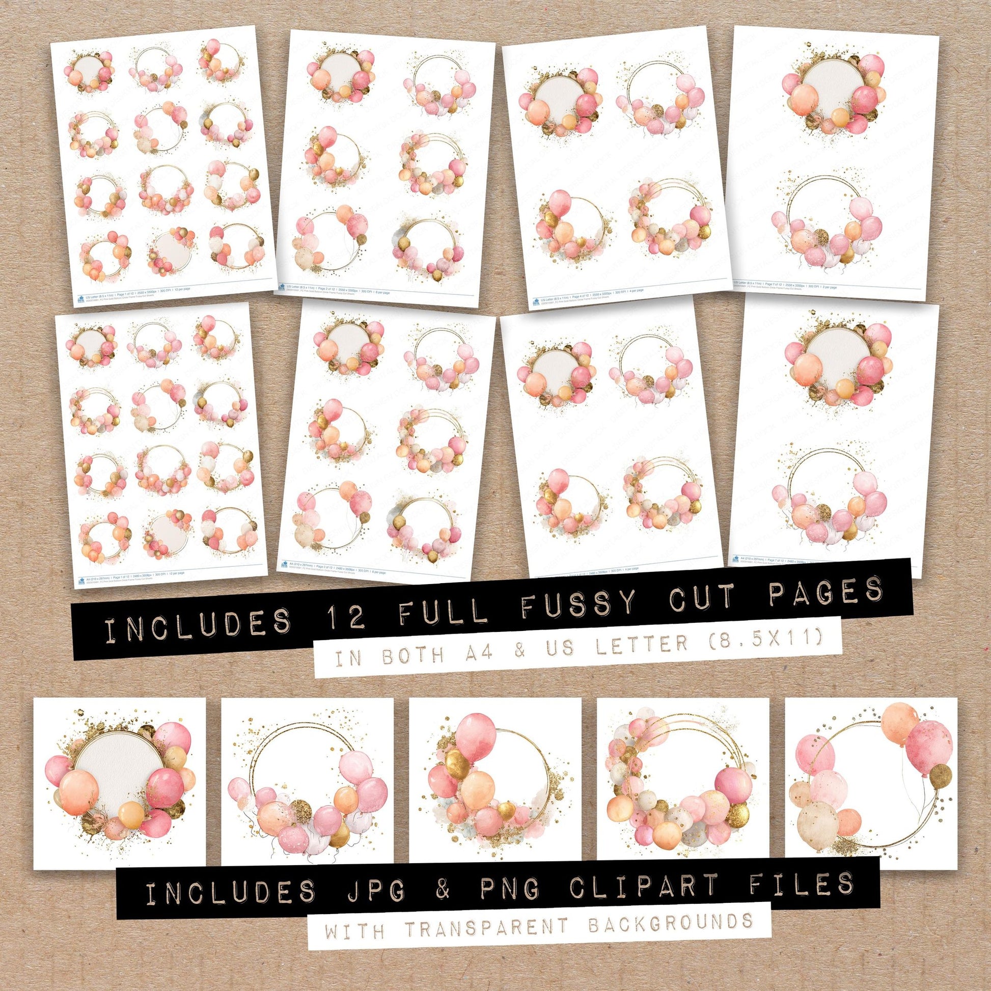 Full collection view of Pink Gold Balloon Circle Frame fussy cut sheets with bonus clipart JPG and PNG files