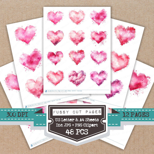 Pink Love Heart Cloud fussy cut printable sheets for junk journaling, scrapbooking, and paper craft projects