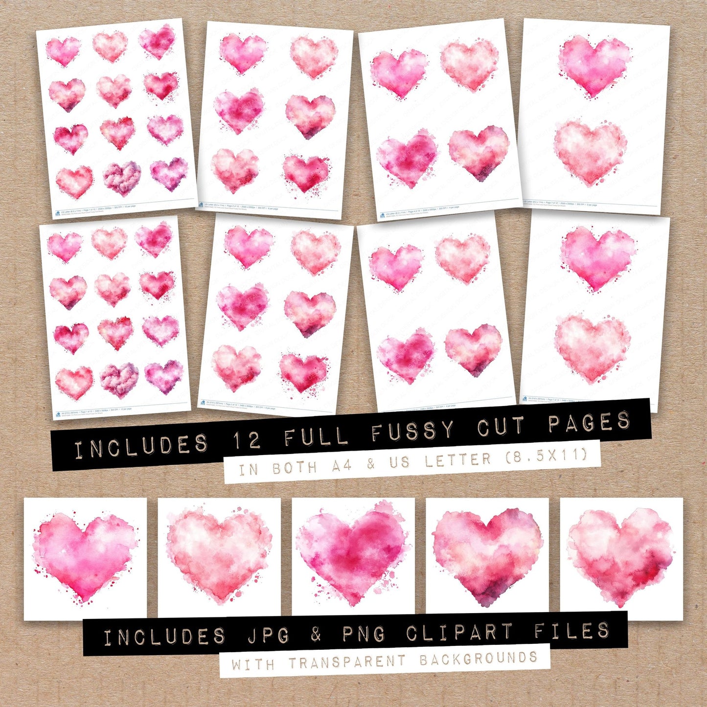 Full collection view of Pink Love Heart Cloud fussy cut sheets with bonus clipart JPG and PNG files