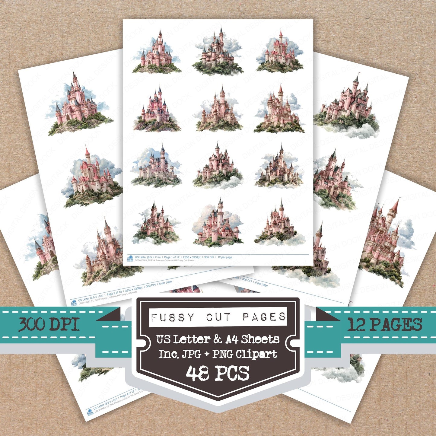 Pink Princess Castle on Hill fussy cut printable sheets for junk journaling, scrapbooking, and paper craft projects