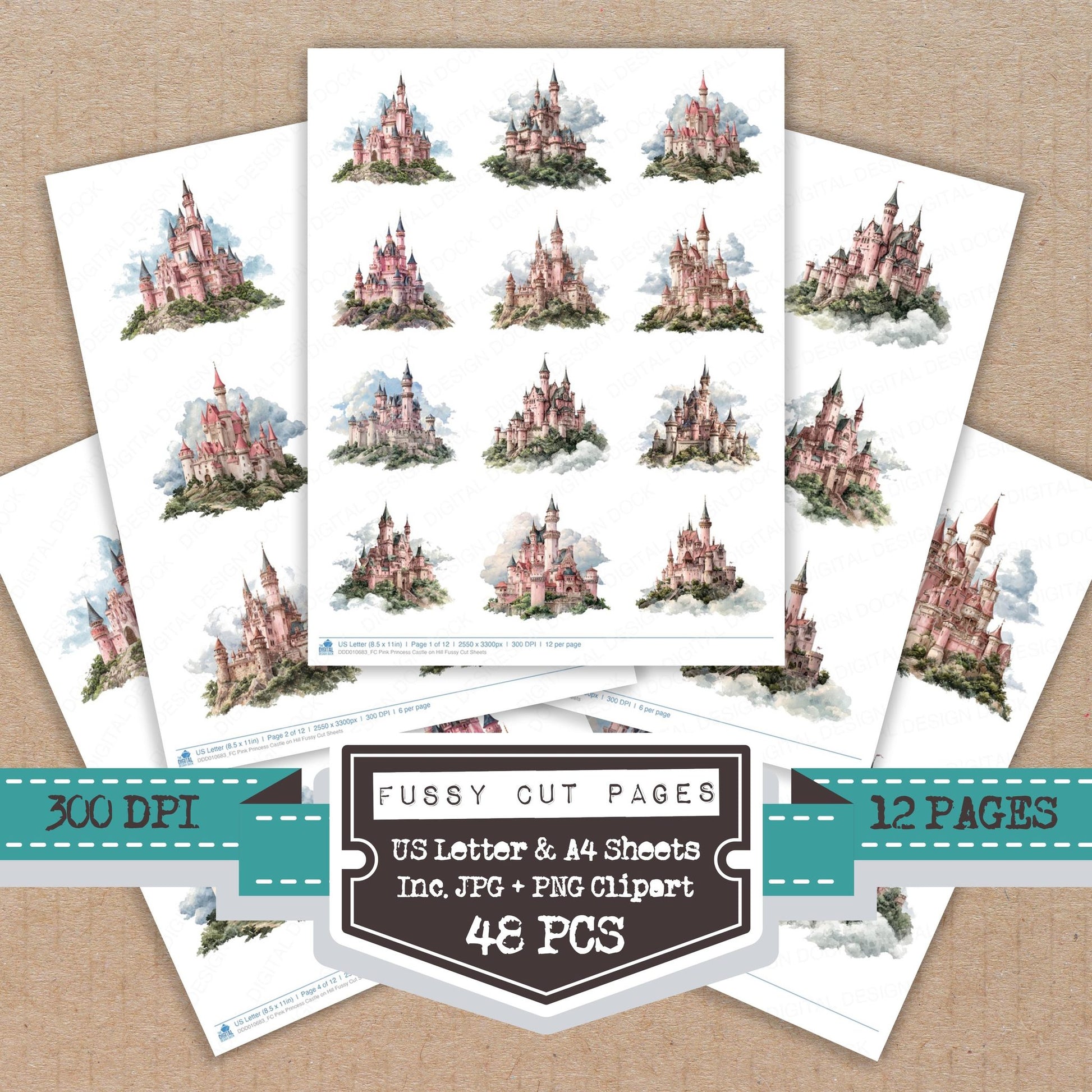 Pink Princess Castle on Hill fussy cut printable sheets for junk journaling, scrapbooking, and paper craft projects
