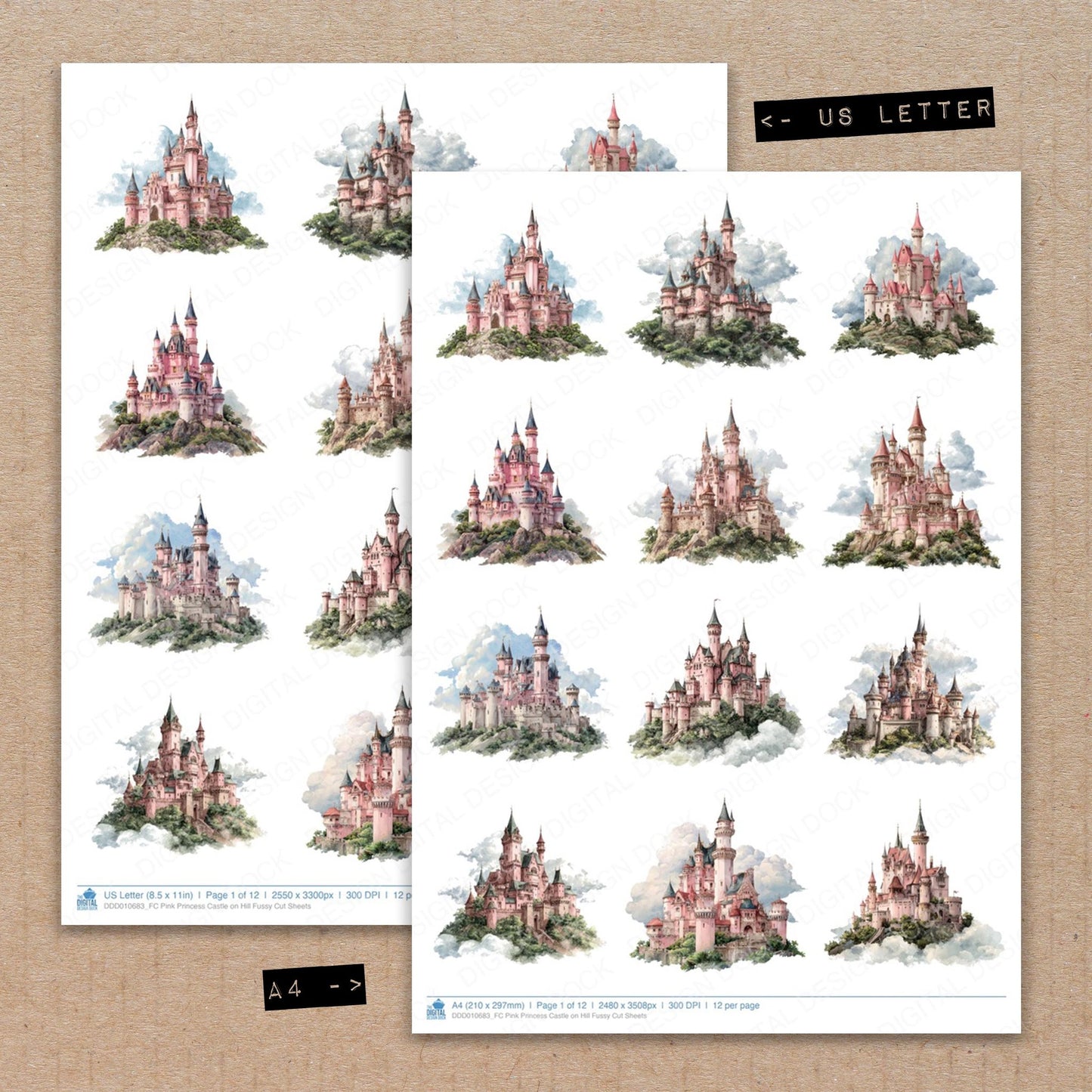A4 and US Letter format comparison showing Pink Princess Castle on Hill fussy cut pages for print and cut crafting