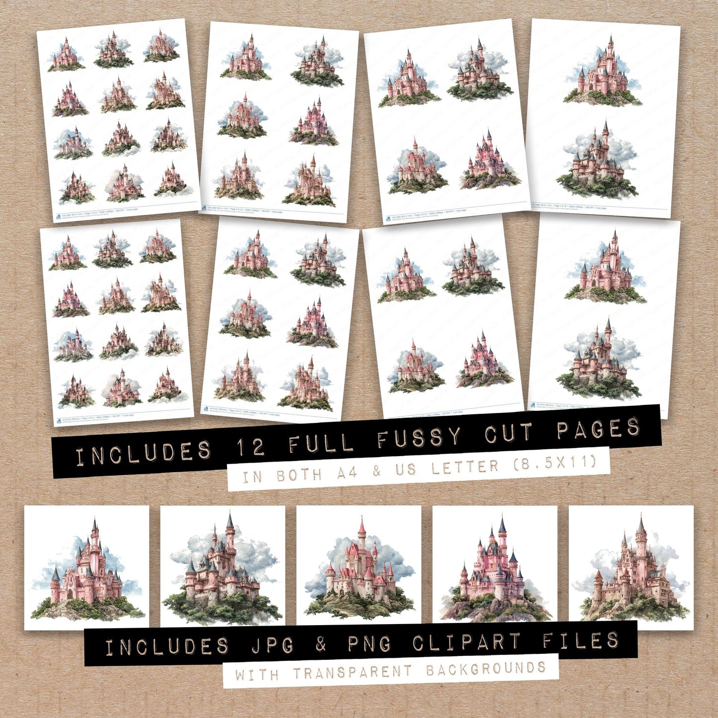 Full collection view of Pink Princess Castle on Hill fussy cut sheets with bonus clipart JPG and PNG files