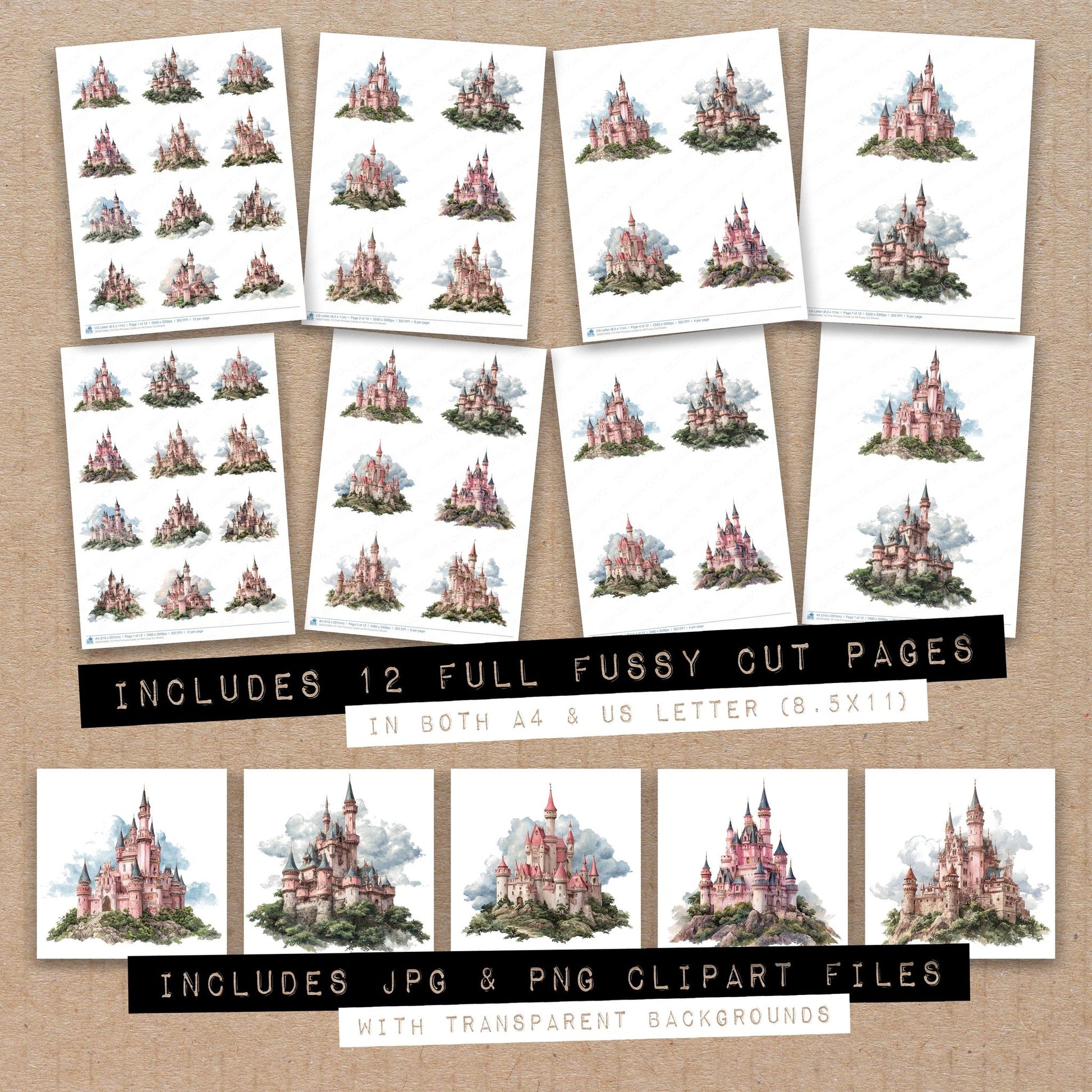 Full collection view of Pink Princess Castle on Hill fussy cut sheets with bonus clipart JPG and PNG files