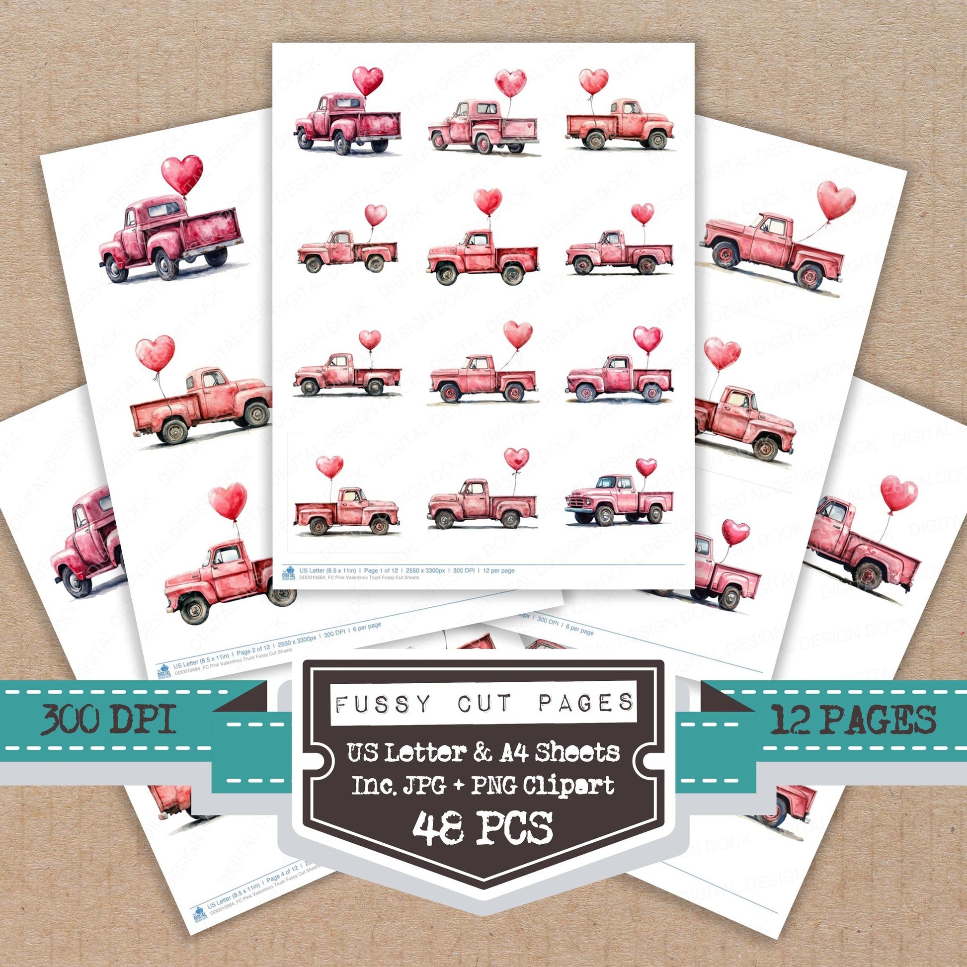 Pink Valentines Truck fussy cut printable sheets for junk journaling, scrapbooking, and paper craft projects