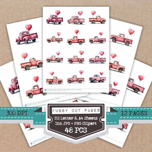 Pink Valentines Truck fussy cut printable sheets for junk journaling, scrapbooking, and paper craft projects