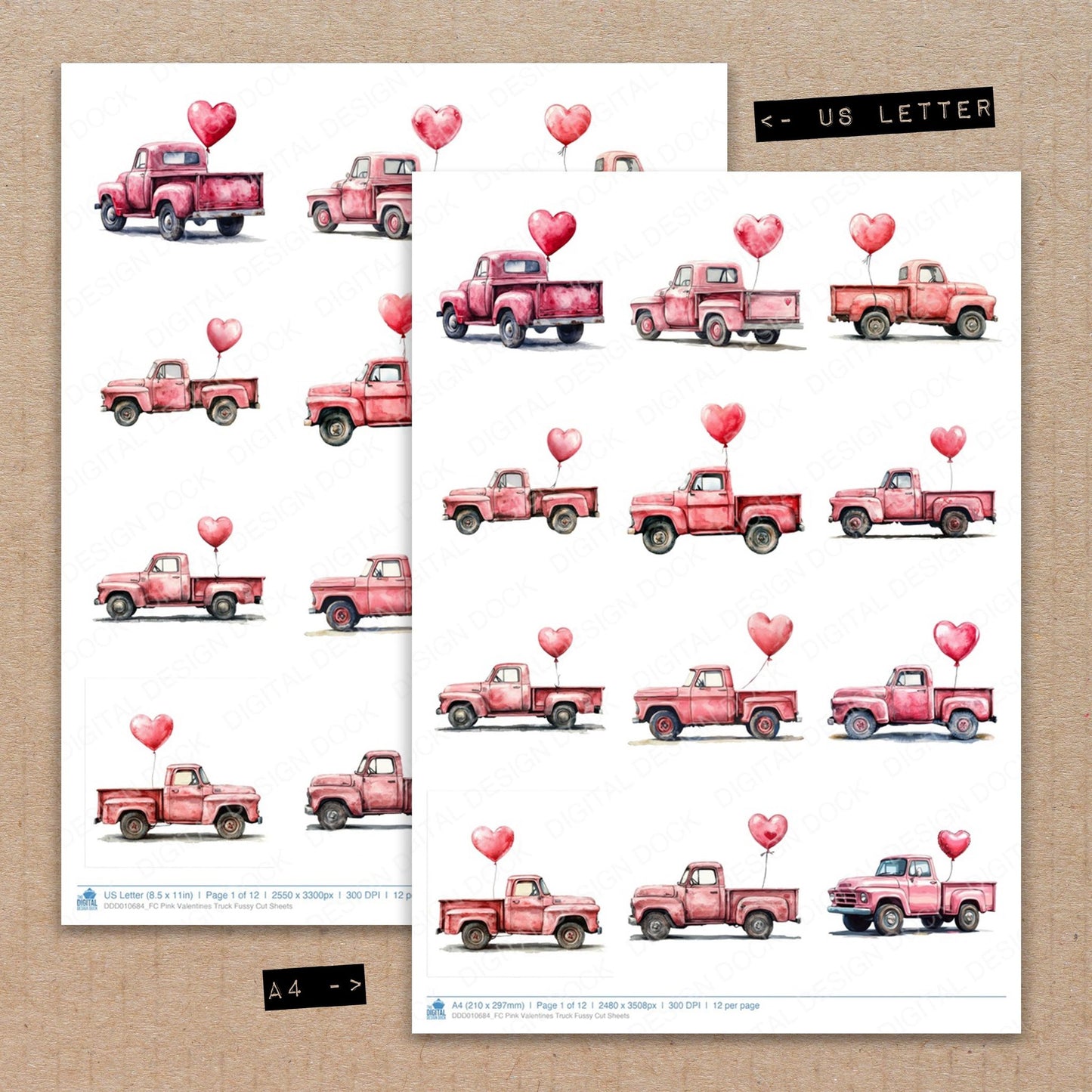 A4 and US Letter format comparison showing Pink Valentines Truck fussy cut pages for print and cut crafting