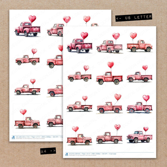 A4 and US Letter format comparison showing Pink Valentines Truck fussy cut pages for print and cut crafting