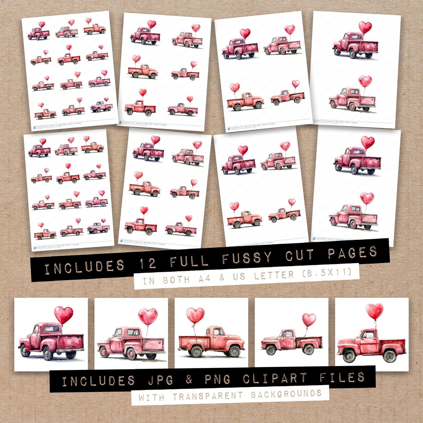 Full collection view of Pink Valentines Truck fussy cut sheets with bonus clipart JPG and PNG files