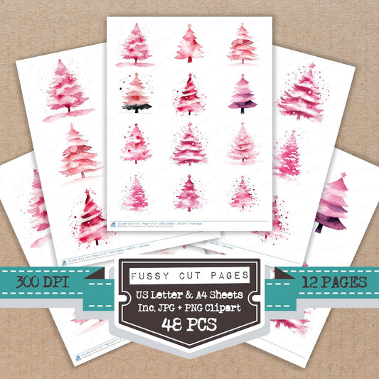 Pink Watercolour Chirstmas Tree fussy cut printable sheets for junk journaling, scrapbooking, and paper craft projects