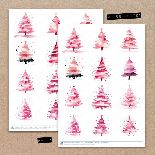 A4 and US Letter format comparison showing Pink Watercolour Chirstmas Tree fussy cut pages for print and cut crafting