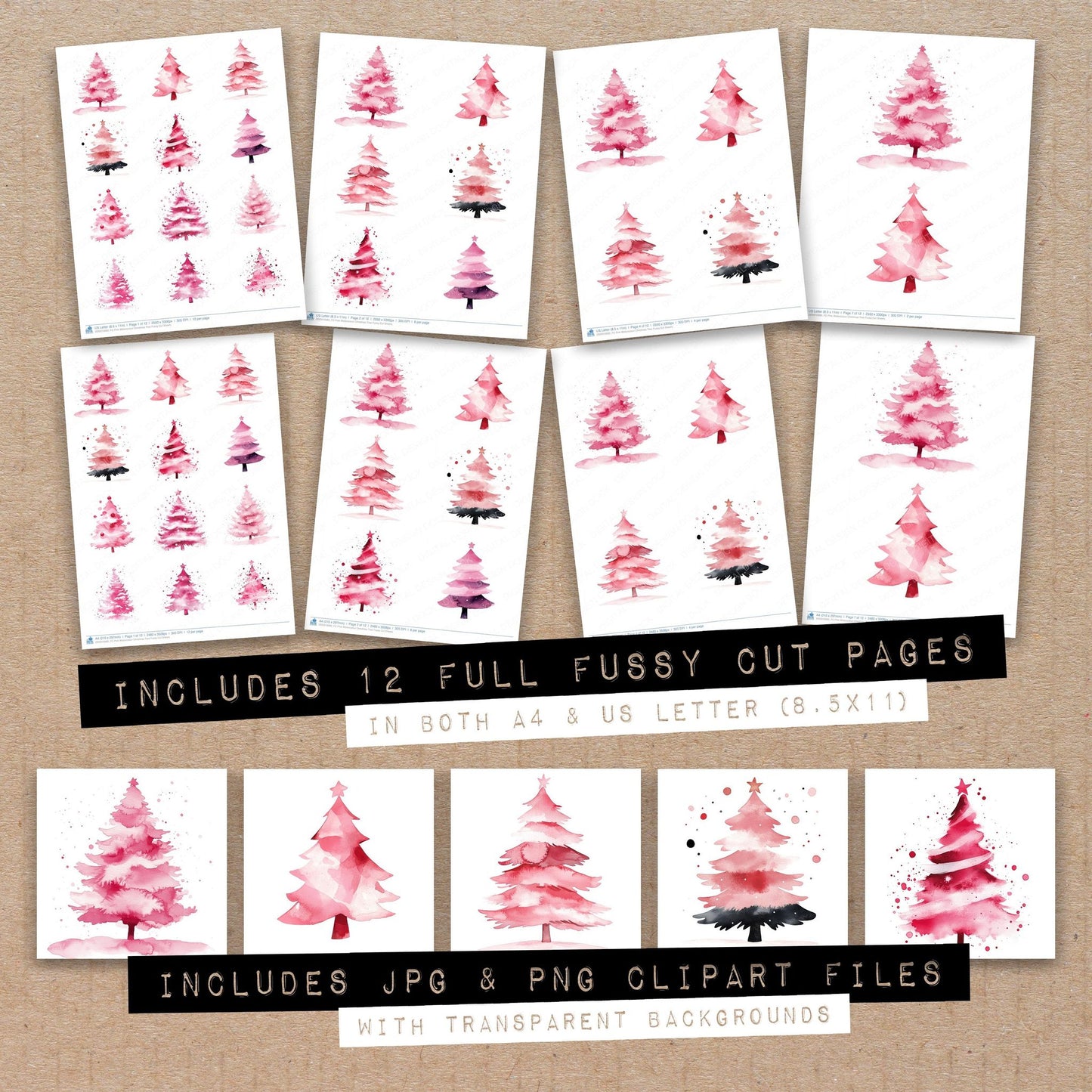 Full collection view of Pink Watercolour Chirstmas Tree fussy cut sheets with bonus clipart JPG and PNG files