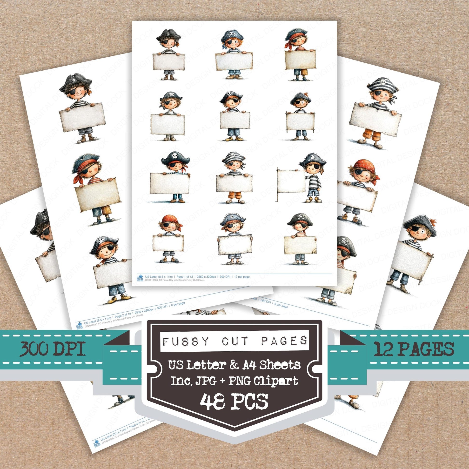 Pirate Boy with Banner fussy cut printable sheets for junk journaling, scrapbooking, and paper craft projects