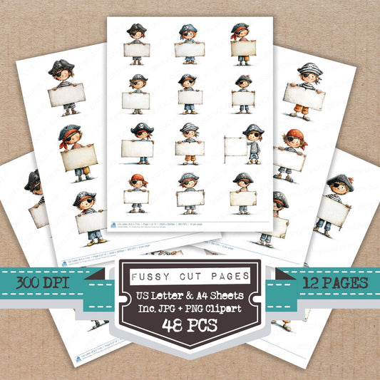 Pirate Boy with Banner fussy cut printable sheets for junk journaling, scrapbooking, and paper craft projects
