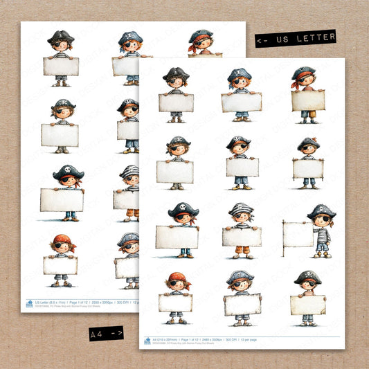A4 and US Letter format comparison showing Pirate Boy with Banner fussy cut pages for print and cut crafting