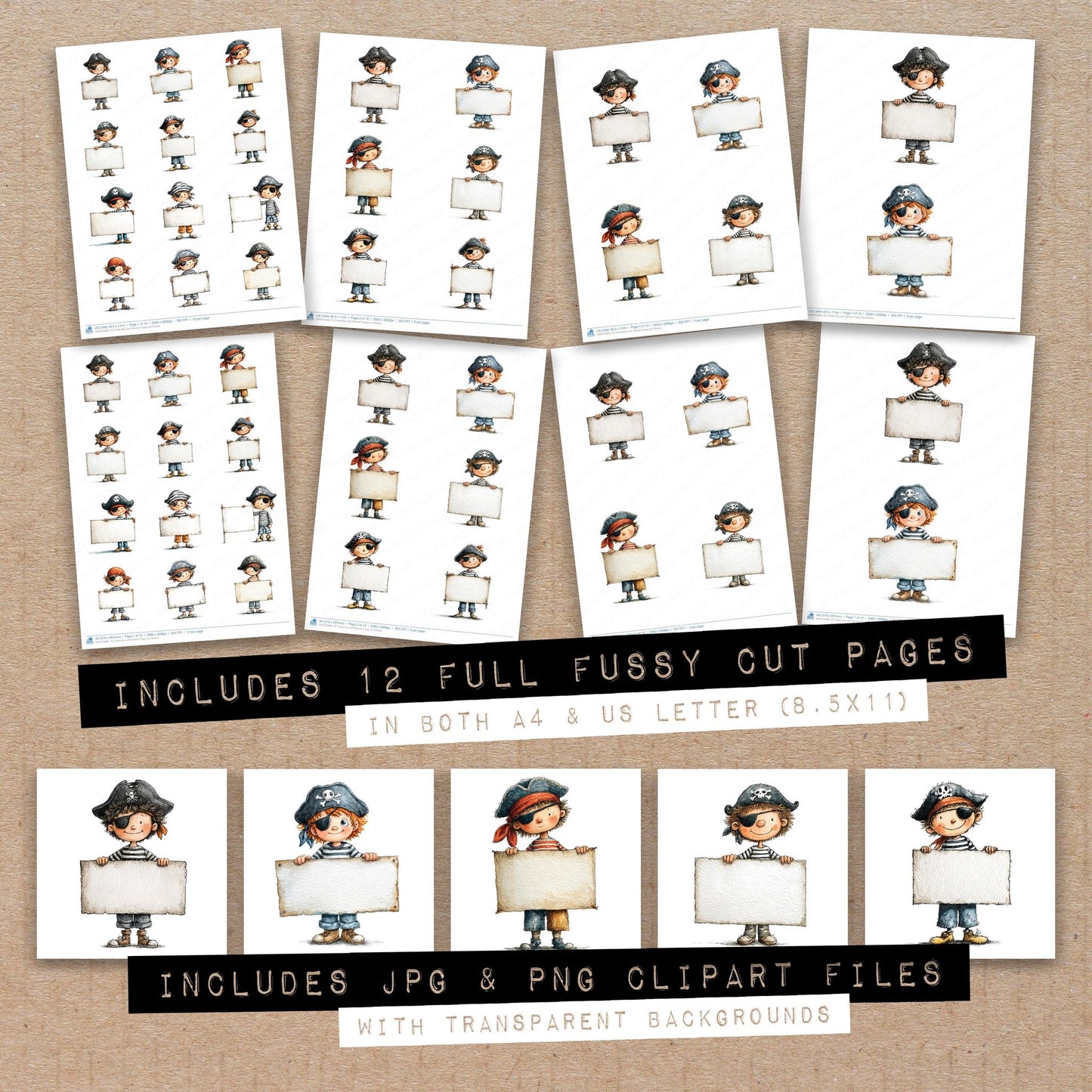 Full collection view of Pirate Boy with Banner fussy cut sheets with bonus clipart JPG and PNG files