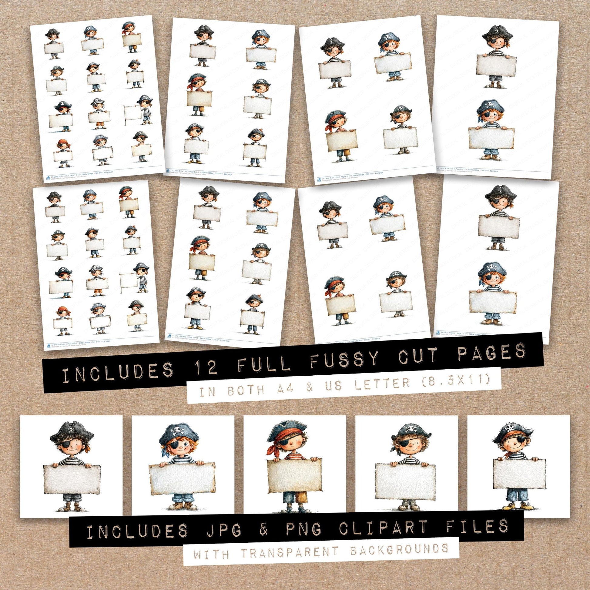 Full collection view of Pirate Boy with Banner fussy cut sheets with bonus clipart JPG and PNG files