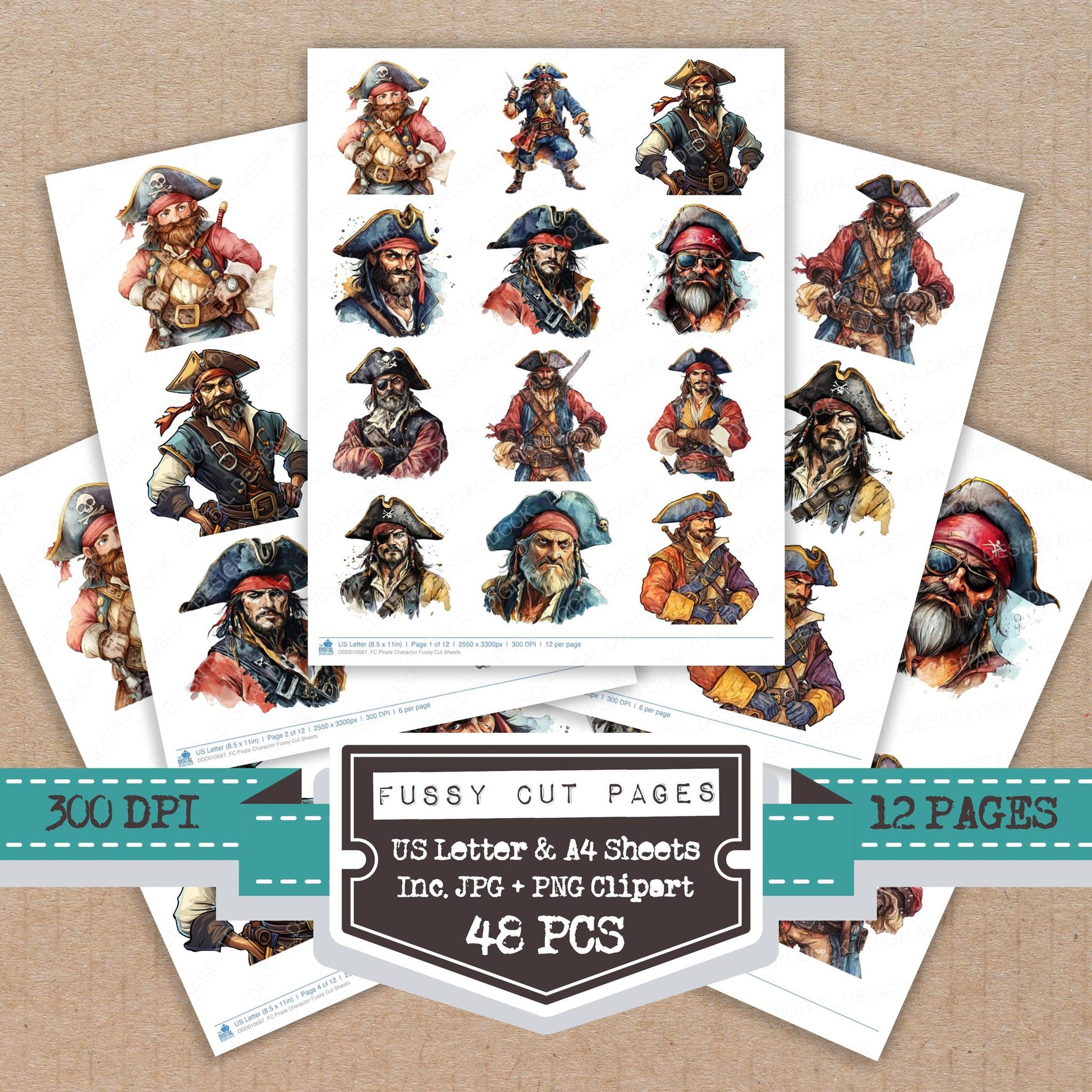 Pirate Character fussy cut printable sheets for junk journaling, scrapbooking, and paper craft projects