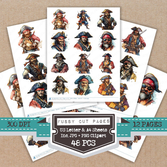 Pirate Character fussy cut printable sheets for junk journaling, scrapbooking, and paper craft projects