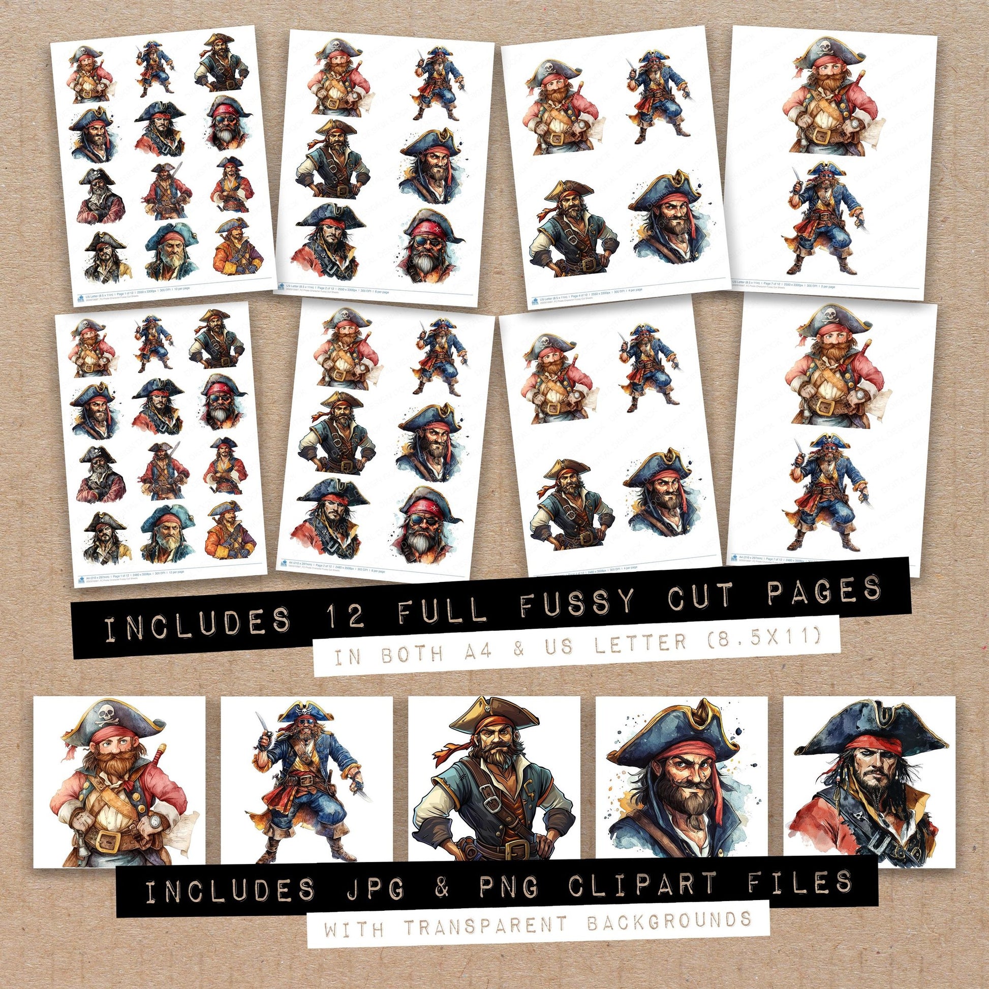 Full collection view of Pirate Character fussy cut sheets with bonus clipart JPG and PNG files