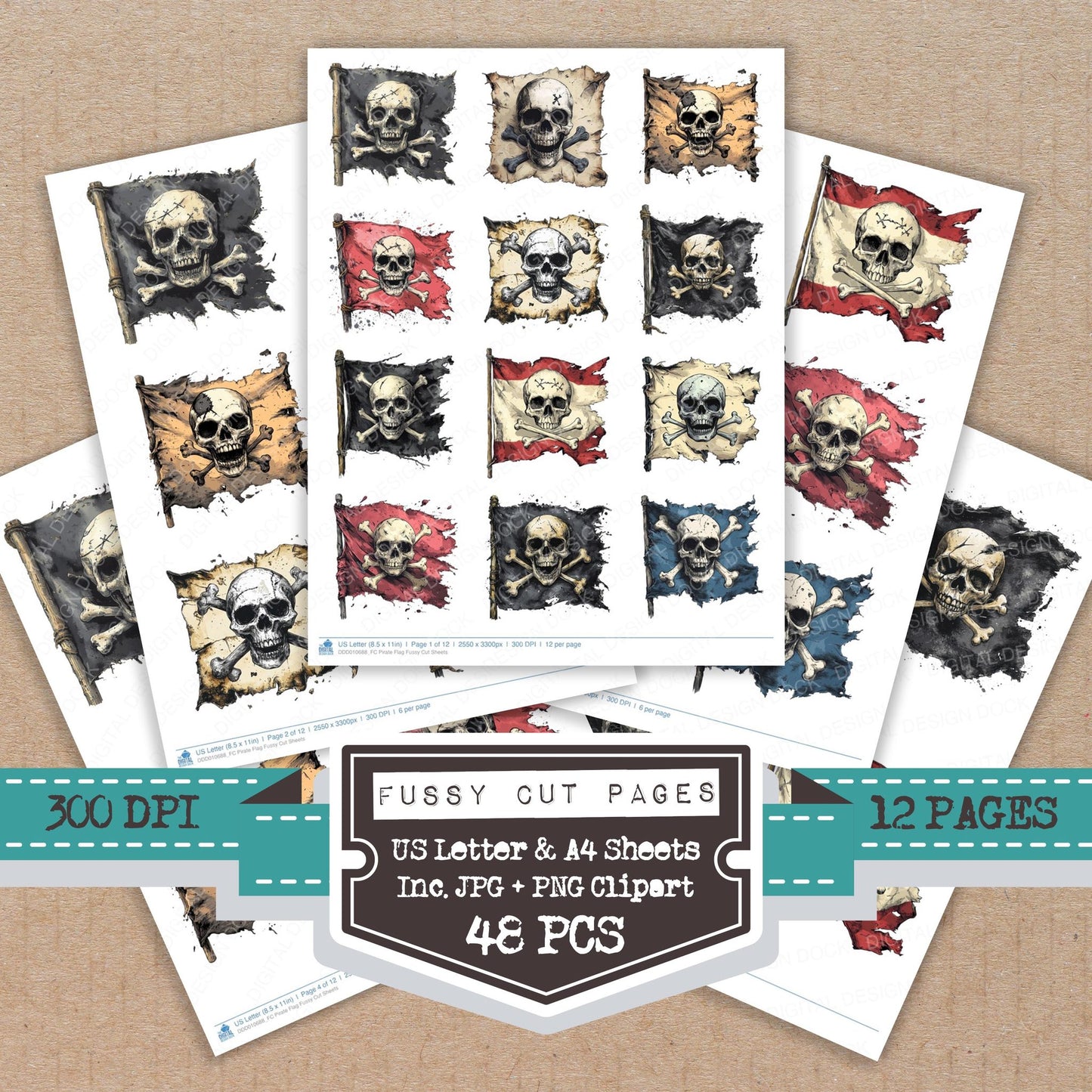 Pirate Flag fussy cut printable sheets for junk journaling, scrapbooking, and paper craft projects