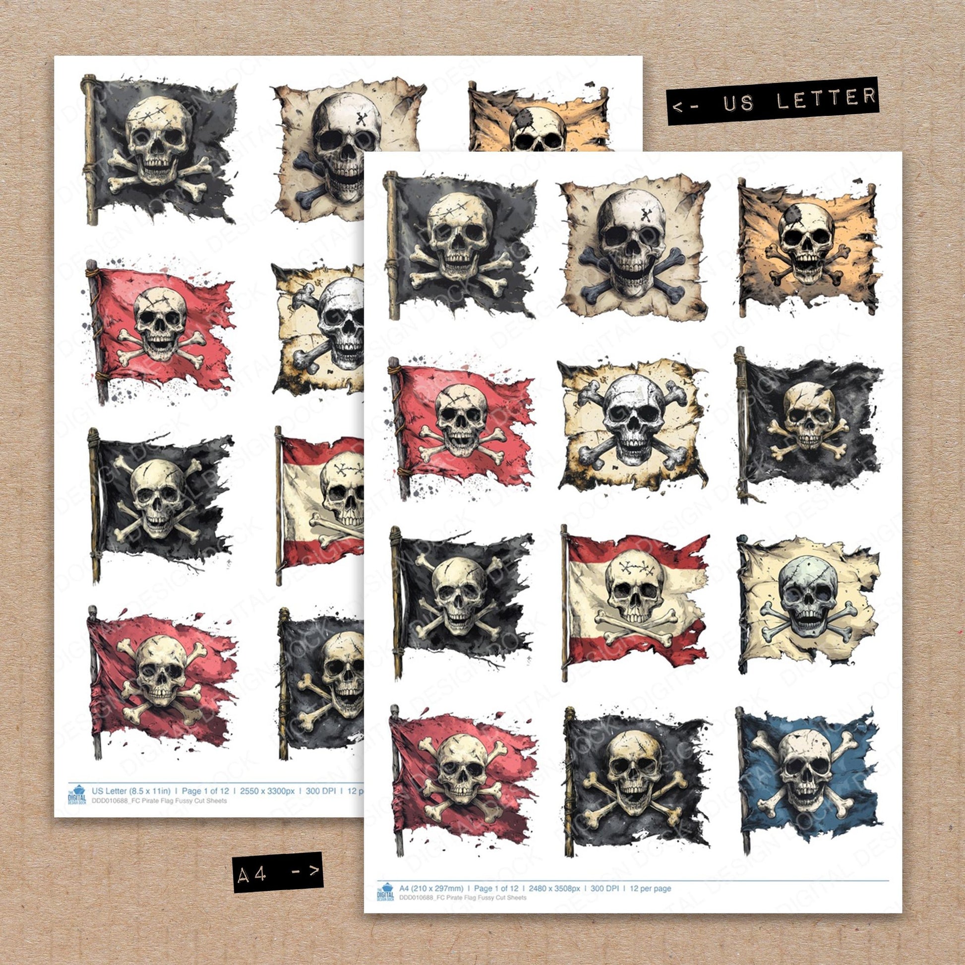 A4 and US Letter format comparison showing Pirate Flag fussy cut pages for print and cut crafting