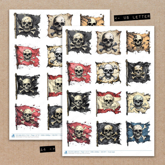 A4 and US Letter format comparison showing Pirate Flag fussy cut pages for print and cut crafting