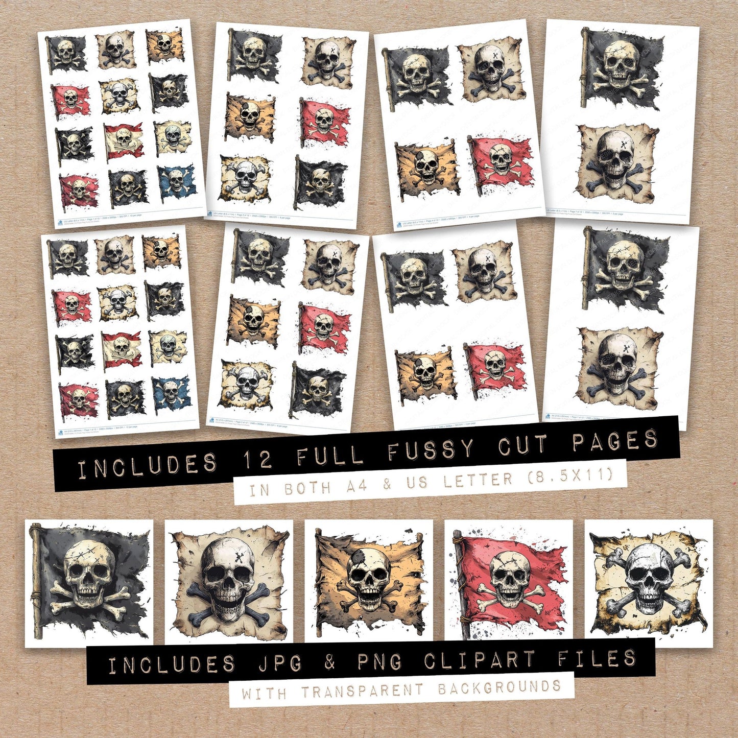 Full collection view of Pirate Flag fussy cut sheets with bonus clipart JPG and PNG files