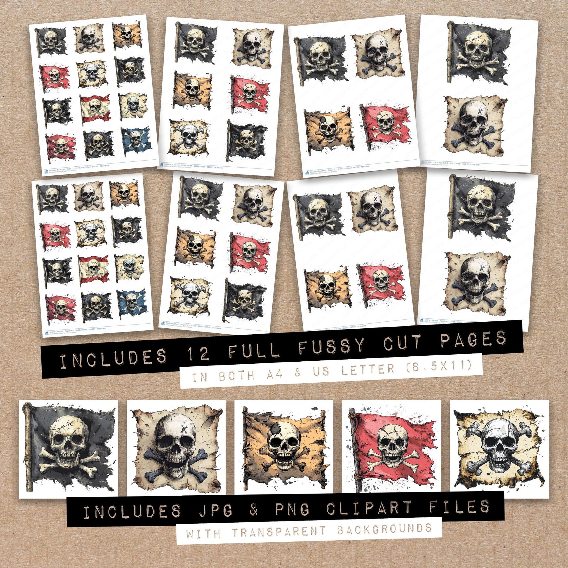 Full collection view of Pirate Flag fussy cut sheets with bonus clipart JPG and PNG files