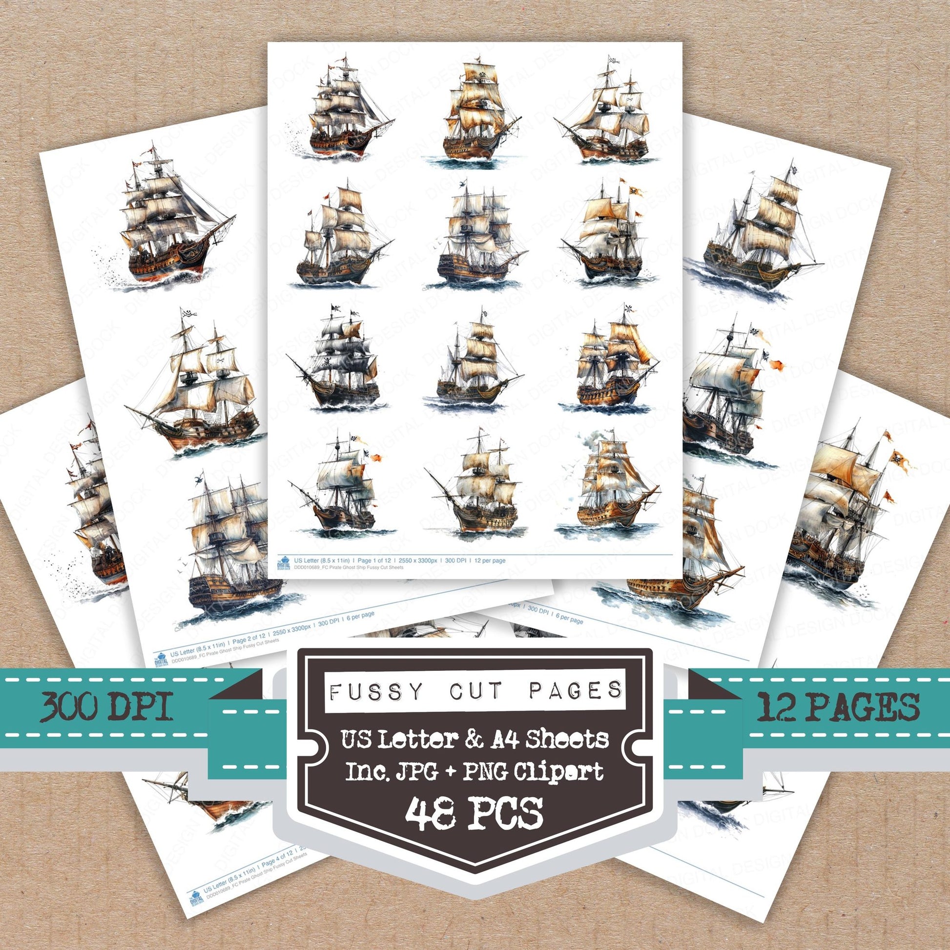 Pirate Ghost Ship fussy cut printable sheets for junk journaling, scrapbooking, and paper craft projects